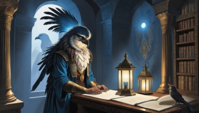 solo,blue eyes,long sleeves,1boy,jewelry,male focus,wings,indoors,book,bird,animal,table,feathers,robe,lantern,open book,fantasy,bookshelf,reading,light,lamp,pillar,book stack,crow,library,owl,beak,quill,sitting,standing,necklace,no humans,window,glowing,1other,paper