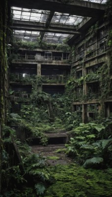 outdoors,day,indoors,tree,no humans,window,leaf,sunlight,plant,building,nature,scenery,stairs,ruins,vines,green theme,moss,train station,overgrown,post-apocalypse,broken window,rock,ceiling