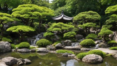 flower,outdoors,day,water,tree,no humans,grass,nature,scenery,forest,rock,architecture,east asian architecture,river,waterfall,shrine,moss,stone,pond,stone lantern,stream,sunlight,building,reflection,bush