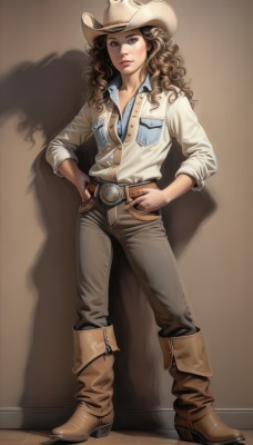 1girl,solo,long hair,breasts,looking at viewer,brown hair,shirt,long sleeves,hat,cleavage,brown eyes,medium breasts,underwear,standing,full body,white shirt,boots,parted lips,open clothes,collared shirt,belt,pants,bra,lips,makeup,buttons,shadow,wavy hair,brown footwear,denim,lipstick,buckle,sleeves rolled up,brown background,curly hair,pocket,hands on hips,jeans,belt buckle,realistic,nose,hands in pockets,unbuttoned,breast pocket,partially unbuttoned,cowboy hat,cowboy western,cowboy boots,open shirt