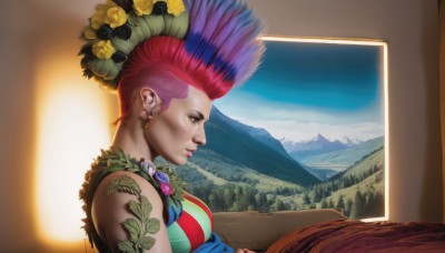 1girl,solo,breasts,short hair,hair ornament,bare shoulders,jewelry,medium breasts,sitting,upper body,pink hair,purple hair,flower,red hair,multicolored hair,earrings,sky,sleeveless,day,striped,cloud,indoors,hair flower,from side,tree,lips,eyelashes,window,tattoo,gradient hair,profile,makeup,curtains,mountain,realistic,yellow flower,nose,brown eyes,leaf,sunlight,feathers,plant,scenery,head wreath,facial tattoo