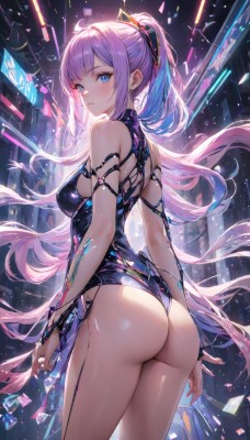 1girl,solo,long hair,breasts,looking at viewer,blush,bangs,blue eyes,hair ornament,bare shoulders,medium breasts,very long hair,closed mouth,blue hair,standing,ponytail,pink hair,purple hair,ass,ahoge,sidelocks,thighs,multicolored hair,cowboy shot,parted lips,shiny,looking back,from behind,leotard,shiny skin,black leotard,shiny clothes,outdoors,from side,clothing cutout,expressionless,building,armlet,highleg leotard,arm at side,city,arms at sides,cityscape,skyscraper