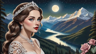 1girl,solo,long hair,breasts,looking at viewer,smile,blue eyes,brown hair,dress,cleavage,jewelry,medium breasts,upper body,flower,earrings,outdoors,parted lips,sky,choker,necklace,star (symbol),white dress,tree,lips,makeup,night,rose,wavy hair,moon,tiara,lipstick,gem,star (sky),nature,night sky,full moon,pink flower,forest,starry sky,mountain,red lips,pink rose,lake,princess,pine tree,eyelashes,portrait