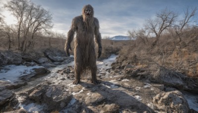 solo,open mouth,standing,outdoors,sky,teeth,day,cloud,water,tree,blue sky,no humans,cloudy sky,nature,scenery,claws,monster,rock,mountain,realistic,bare tree,horror (theme)