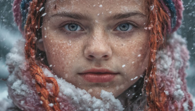 1girl, solo, looking at viewer, closed mouth, braid, twin braids, lips, grey eyes, portrait, snow, close-up, freckles, snowing, realistic, nose, winter