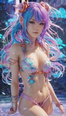 1girl,solo,long hair,breasts,looking at viewer,smile,bangs,blue eyes,hair ornament,navel,cleavage,bare shoulders,jewelry,medium breasts,blue hair,standing,collarbone,swimsuit,pink hair,purple hair,bikini,multicolored hair,cowboy shot,earrings,parted lips,pointy ears,water,stomach,hair bun,blurry,bracelet,lips,wet,double bun,blurry background,armlet,wading,realistic,choker,artist name,necklace,two-tone hair,piercing,ear piercing,partially submerged,pool