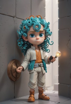 solo,looking at viewer,blue eyes,1boy,blue hair,full body,weapon,male focus,boots,green hair,belt,aqua hair,child,curly hair,shield,male child,long hair,jacket,pointy ears,artist name,aged down