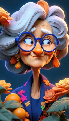 1girl,solo,smile,blue eyes,jewelry,closed mouth,upper body,flower,white hair,grey hair,earrings,japanese clothes,glasses,kimono,lips,makeup,blue background,floral print,portrait,round eyewear,old,old man,old woman,wrinkled skin,short hair,dress,collarbone,food,artist name,blurry,looking to the side,eyelashes,fruit,leaf,watermark,thick eyebrows,eyeshadow,curly hair,bespectacled,yellow flower,nose,orange (fruit),orange flower,blue-framed eyewear