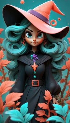 1girl,solo,long hair,breasts,looking at viewer,blush,smile,long sleeves,hat,dress,jewelry,medium breasts,closed mouth,green eyes,blue hair,standing,flower,cowboy shot,earrings,green hair,puffy sleeves,belt,artist name,black dress,aqua eyes,lips,eyelashes,aqua hair,makeup,witch hat,leaf,blue background,wavy hair,thick eyebrows,plant,lipstick,buckle,eyeshadow,puffy long sleeves,curly hair,black belt,belt buckle,arms at sides,red lips,witch,blue eyes,necklace,nose,pink headwear