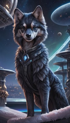 solo,looking at viewer,blue eyes,closed mouth,outdoors,sky,no humans,night,animal,moon,gem,star (sky),night sky,zipper,starry sky,dog,space,animal focus,planet,black fur,brown eyes,signature,watermark,furry,fantasy,wolf,alien