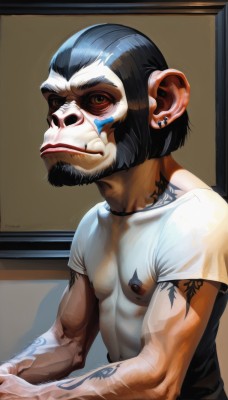 solo,shirt,black hair,1boy,brown eyes,jewelry,nipples,white shirt,upper body,male focus,earrings,indoors,tattoo,mask,muscular,facial hair,piercing,t-shirt,ear piercing,beard,mustache,goatee,bodypaint,looking at viewer,short hair,topless male,skull,realistic,facepaint,skull mask