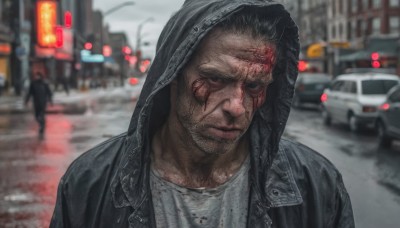 solo,looking at viewer,short hair,shirt,black hair,1boy,closed mouth,jacket,white shirt,upper body,male focus,outdoors,solo focus,hood,blurry,black eyes,black jacket,blood,hoodie,depth of field,blurry background,scar,ground vehicle,hooded jacket,grey shirt,motor vehicle,scar on face,hood up,rain,blood on face,city,realistic,car,road,street,open clothes,open jacket,facial hair,portrait,beard,scar across eye,stubble,blood on clothes