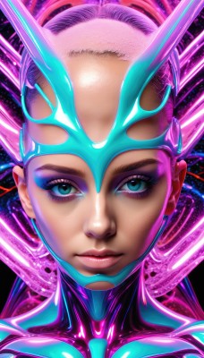 1girl,solo,looking at viewer,blue eyes,closed mouth,pink hair,shiny,dark skin,aqua eyes,dark-skinned female,lips,eyelashes,bodysuit,makeup,mask,glowing,lipstick,portrait,skin tight,close-up,eyeshadow,shiny clothes,nose,eyeliner,straight-on,latex,mascara,signature,serious,realistic