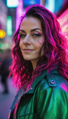 1girl,solo,long hair,looking at viewer,smile,shirt,black hair,brown eyes,closed mouth,jacket,upper body,pink hair,purple hair,multicolored hair,open clothes,dark skin,blurry,from side,open jacket,dark-skinned female,lips,eyelashes,makeup,blurry background,wavy hair,eyeshadow,green jacket,realistic,nose,eyeliner,jewelry,outdoors,artist name,necklace,night,depth of field,watermark,thick eyebrows,lipstick,web address,zipper,mascara,neon lights