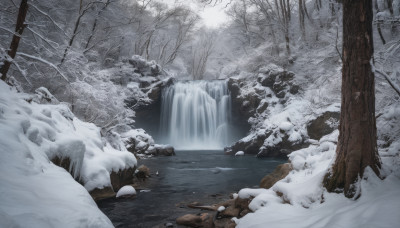 outdoors, water, tree, no humans, nature, scenery, snow, forest, rock, bare tree, waterfall