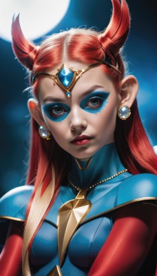 1girl,solo,long hair,breasts,looking at viewer,blue eyes,jewelry,closed mouth,upper body,red hair,multicolored hair,earrings,small breasts,necklace,lips,bodysuit,makeup,moon,lipstick,gem,eyeshadow,red lips,eyeliner,superhero,blonde hair,medium breasts,two-tone hair,eyelashes,circlet,realistic,forehead jewel