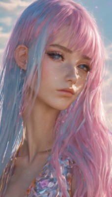 1girl,solo,long hair,looking at viewer,bangs,blue eyes,jewelry,closed mouth,blue hair,collarbone,upper body,pink hair,multicolored hair,earrings,outdoors,sky,day,artist name,cloud,mole,blue sky,lips,eyelashes,makeup,looking away,piercing,sunlight,ear piercing,portrait,realistic,nose,mascara,tattoo,gradient hair,eyeshadow