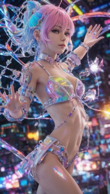 1girl,solo,long hair,breasts,looking at viewer,short hair,bangs,blue eyes,hair ornament,navel,bare shoulders,jewelry,medium breasts,blue hair,swimsuit,ponytail,pink hair,bikini,multicolored hair,cowboy shot,parted lips,choker,nail polish,blurry,collar,bracelet,two-tone hair,lips,blurry background,ring,armlet,science fiction,realistic,cyberpunk,cleavage,closed mouth,standing,earrings,small breasts,artist name,from side,night,depth of field,chain,piercing,city lights