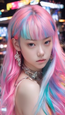 1girl,solo,long hair,looking at viewer,bangs,bare shoulders,jewelry,closed mouth,blue hair,upper body,pink hair,multicolored hair,earrings,blunt bangs,necklace,blurry,black eyes,from side,two-tone hair,lips,grey eyes,eyelashes,aqua hair,makeup,depth of field,blurry background,realistic,choker,expressionless,portrait,nose