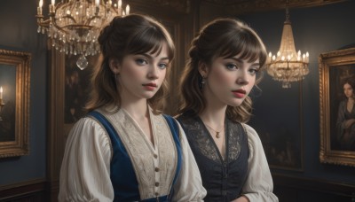 1girl,long hair,looking at viewer,bangs,blue eyes,multiple girls,brown hair,shirt,long sleeves,dress,2girls,brown eyes,jewelry,white shirt,upper body,earrings,parted lips,puffy sleeves,indoors,medium hair,necklace,mole,vest,lips,makeup,siblings,sisters,half updo,twins,realistic,red lips,candle,picture frame,painting (object),chandelier,portrait (object),blue dress,lipstick,blouse,candlestand