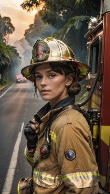 1girl,solo,looking at viewer,short hair,brown hair,gloves,long sleeves,hat,brown eyes,closed mouth,jacket,upper body,outdoors,day,black gloves,fingerless gloves,hair bun,uniform,tree,lips,military,military uniform,single hair bun,helmet,ground vehicle,motor vehicle,watch,realistic,nose,road,black hair,bag,from side,sunlight,brown jacket