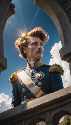 1girl,solo,short hair,blonde hair,brown hair,long sleeves,1boy,brown eyes,jacket,upper body,male focus,outdoors,sky,day,belt,cloud,uniform,blue sky,lips,looking to the side,military,military uniform,buttons,facial hair,looking away,from below,sunlight,cloudy sky,blue jacket,gem,lens flare,epaulettes,glint,realistic,nose,mustache,railing,looking afar,aiguillette,statue,medal,hair ornament,closed mouth,tree,sash,looking up