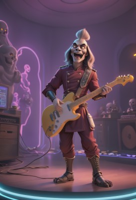 solo,long hair,smile,open mouth,blonde hair,brown hair,long sleeves,1boy,holding,standing,jacket,full body,:d,male focus,multicolored hair,boots,teeth,belt,pants,artist name,indoors,uniform,military,military uniform,buttons,glowing,facial hair,fangs,sandals,instrument,glowing eyes,red jacket,skull,ghost,music,guitar,cable,bracer,brown pants,singing,playing instrument,red pants,holding instrument,electric guitar,speaker,plectrum,amplifier,brown footwear,stuffed toy,stuffed animal,double-breasted,topknot,spotlight,cyberpunk