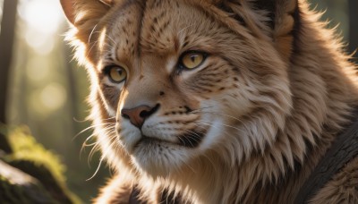 solo,looking at viewer,closed mouth,yellow eyes,outdoors,signature,blurry,tree,no humans,depth of field,blurry background,animal,sunlight,cat,slit pupils,portrait,nature,close-up,realistic,animal focus,yellow sclera,whiskers,forest