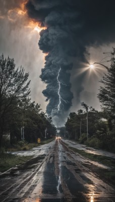 solo,outdoors,sky,cloud,water,tree,no humans,sunlight,cloudy sky,grass,ground vehicle,building,nature,scenery,motor vehicle,forest,smoke,reflection,light rays,sign,sun,light,road,bush,sunbeam,lamppost,lightning,road sign,puddle,fire,electricity