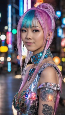 1girl,solo,long hair,breasts,looking at viewer,smile,bangs,bare shoulders,brown eyes,jewelry,medium breasts,closed mouth,upper body,ponytail,pink hair,multicolored hair,earrings,small breasts,choker,artist name,necklace,blurry,black eyes,two-tone hair,lips,tattoo,makeup,depth of field,blurry background,watermark,piercing,gem,web address,armlet,realistic,nose,arm tattoo,cleavage,blue hair,sleeveless,blunt bangs,collar,from side,night,lipstick,eyeshadow,bokeh