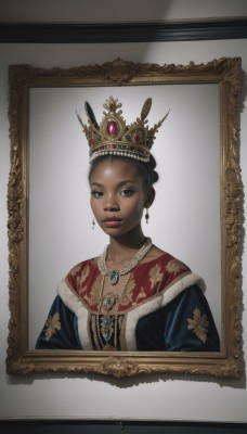 1girl,solo,looking at viewer,black hair,white background,dress,jewelry,closed mouth,upper body,earrings,dark skin,necklace,black eyes,dark-skinned female,lips,fur trim,tiara,crown,gem,portrait,picture frame,short hair,brown eyes,realistic,very dark skin,portrait (object)