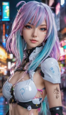 1girl,solo,long hair,breasts,looking at viewer,smile,bangs,blue eyes,gloves,cleavage,medium breasts,closed mouth,blue hair,upper body,pink hair,multicolored hair,black gloves,elbow gloves,armor,blurry,two-tone hair,aqua eyes,lips,aqua hair,tattoo,gradient hair,makeup,depth of field,blurry background,piercing,science fiction,realistic,nose,bikini armor,cyberpunk,hair ornament,navel,jewelry,swimsuit,purple hair,bikini,earrings,outdoors,detached sleeves,midriff,artist name,signature,streaked hair,eyelashes,night,facial mark,harness