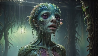 1girl,solo,short hair,purple eyes,upper body,parted lips,green hair,teeth,water,tree,lips,wet,colored skin,plant,sharp teeth,monster girl,portrait,nature,tentacles,forest,monster,underwater,realistic,nose,blue skin,green skin,slime (substance),alien,seaweed,looking at viewer,no humans,sunlight,air bubble