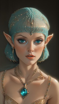 1girl,solo,breasts,looking at viewer,blush,short hair,bangs,blue eyes,simple background,dress,bare shoulders,jewelry,blue hair,collarbone,upper body,earrings,parted lips,teeth,pointy ears,necklace,aqua eyes,lips,eyelashes,aqua hair,makeup,lipstick,black background,elf,gem,portrait,pendant,eyeshadow,circlet,realistic,nose,eyeliner,blue gemstone,mascara,cleavage,medium breasts,forehead jewel,gold,triforce