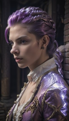 1girl,solo,long hair,breasts,blue eyes,cleavage,jewelry,closed mouth,purple eyes,upper body,purple hair,braid,earrings,necklace,blurry,from side,lips,eyelashes,single braid,makeup,blurry background,looking away,freckles,braided ponytail,realistic,nose,hair pulled back,medium breasts,jacket,parted lips,open clothes,shiny,portrait,purple jacket