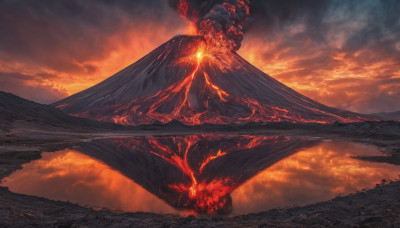 outdoors, sky, cloud, no humans, cloudy sky, fire, scenery, molten rock