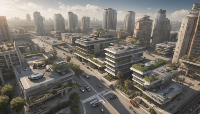 outdoors,sky,day,cloud,tree,blue sky,no humans,cloudy sky,ground vehicle,building,scenery,motor vehicle,city,car,road,cityscape,ruins,street,skyscraper,truck,overgrown,post-apocalypse,vehicle focus