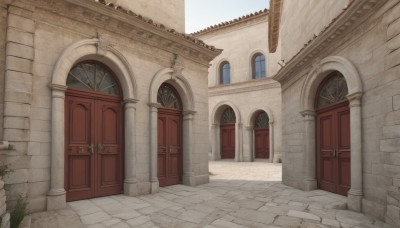 outdoors,sky,day,no humans,window,plant,building,scenery,stairs,door,road,wall,pillar,arch,blue sky,architecture,gate,column,pavement,stone floor