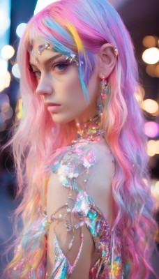 1girl,solo,long hair,looking at viewer,bangs,blue eyes,blonde hair,bare shoulders,jewelry,closed mouth,blue hair,upper body,pink hair,multicolored hair,earrings,choker,necklace,blurry,from side,lips,streaked hair,grey eyes,eyelashes,makeup,depth of field,blurry background,wavy hair,piercing,ring,gem,ear piercing,circlet,realistic,nose,bokeh,artist name,gradient hair,watermark,expressionless,web address,armlet,forehead jewel,head chain