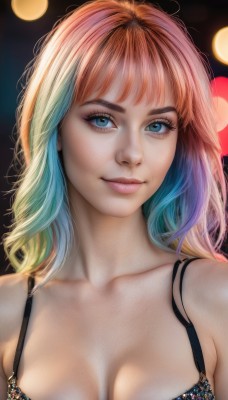 1girl,solo,long hair,breasts,looking at viewer,smile,bangs,blue eyes,blonde hair,cleavage,bare shoulders,medium breasts,closed mouth,underwear,blue hair,collarbone,upper body,multicolored hair,artist name,medium hair,bra,orange hair,mole,blurry,two-tone hair,lips,eyelashes,aqua hair,gradient hair,makeup,depth of field,blurry background,watermark,black bra,web address,eyeshadow,freckles,mole on breast,realistic,nose,bokeh,mascara,large breasts,rainbow hair