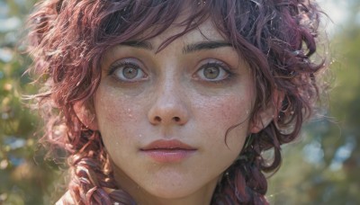 1girl,solo,long hair,looking at viewer,bangs,brown hair,brown eyes,closed mouth,braid,outdoors,day,blurry,lips,eyelashes,depth of field,blurry background,messy hair,portrait,close-up,freckles,curly hair,realistic,nose,short hair,purple hair,parted lips,floating hair,sunlight,wind,bokeh