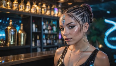 1girl,solo,looking at viewer,smile,short hair,black hair,dress,bare shoulders,brown eyes,jewelry,collarbone,upper body,braid,earrings,indoors,dark skin,necklace,hair bun,mole,blurry,black eyes,black dress,dark-skinned female,lips,makeup,depth of field,blurry background,single hair bun,tank top,bottle,freckles,hoop earrings,realistic,nose,bar (place),breasts,cleavage,facial mark,forehead mark,forehead jewel,neon lights