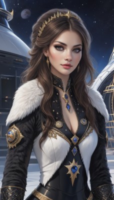 1girl,solo,long hair,breasts,looking at viewer,brown hair,long sleeves,dress,cleavage,brown eyes,jewelry,medium breasts,upper body,earrings,sky,necklace,lips,coat,fur trim,makeup,night,watermark,wavy hair,moon,tiara,crown,gem,star (sky),night sky,eyeshadow,starry sky,gold trim,realistic,nose,red lips,space,outdoors,parted lips,artist name,lipstick,fur collar,stairs