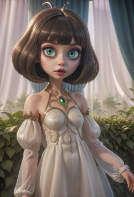 1girl,solo,breasts,looking at viewer,short hair,bangs,brown hair,long sleeves,dress,bare shoulders,jewelry,green eyes,standing,small breasts,parted lips,detached sleeves,puffy sleeves,artist name,blunt bangs,medium hair,white dress,lips,see-through,eyelashes,makeup,bob cut,antenna hair,plant,lipstick,curtains,brooch,gem,backlighting,white sleeves,nose,arms at sides,red lips,female child,bush,ahoge,window,leaf,freckles,mascara