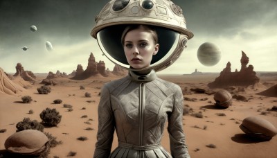 HQ,1girl,solo,looking at viewer,short hair,brown hair,hat,upper body,outdoors,parted lips,sky,cloud,lips,moon,helmet,science fiction,rock,realistic,planet,spacesuit,desert,blue eyes,blonde hair,black hair,black eyes,nose,fantasy,sand