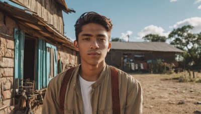 solo,looking at viewer,short hair,brown hair,shirt,black hair,1boy,brown eyes,closed mouth,jacket,white shirt,upper body,male focus,outdoors,sky,solo focus,day,cloud,bag,blurry,tree,blue sky,lips,blurry background,backpack,building,freckles,brown jacket,realistic,animification,photo background,soldier,smile,window,thick eyebrows,ground vehicle,house