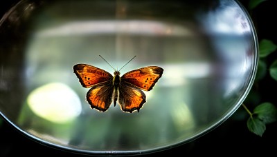 HQ,solo,wings,blurry,pokemon (creature),no humans,depth of field,blurry background,animal,leaf,bug,butterfly,antennae,animal focus,butterfly wings,nature,scenery,light particles,reflection,flying,realistic,light,dragonfly