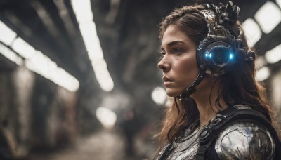 1girl,solo,long hair,blue eyes,brown hair,brown eyes,upper body,armor,blurry,from side,lips,profile,depth of field,blurry background,headgear,headphones,headset,science fiction,realistic,nose,cyborg,sunlight,portrait,light