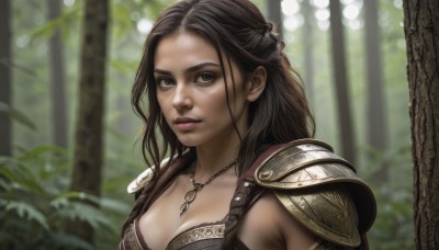 1girl,solo,long hair,breasts,looking at viewer,large breasts,brown hair,black hair,cleavage,brown eyes,jewelry,medium breasts,closed mouth,upper body,earrings,outdoors,necklace,armor,blurry,black eyes,tree,lips,blurry background,shoulder armor,nature,pendant,forest,half updo,pauldrons,realistic,nose,shoulder pads,day,makeup,depth of field,sunlight,portrait