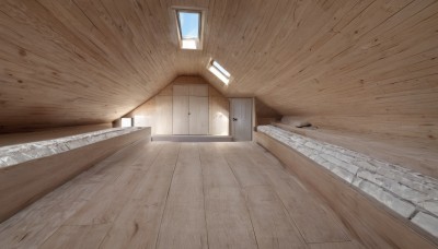 sky,day,indoors,no humans,window,sunlight,scenery,wooden floor,door,wall,floor,hallway,blue sky,shadow,emphasis lines,light rays,stairs,light,tile floor,ceiling,still life,ceiling light